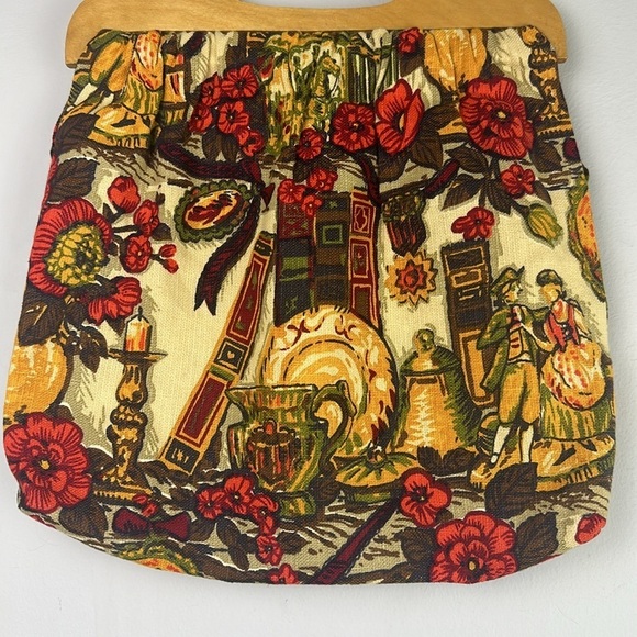 Vintage Sewing Knitting Crafting Bag Wooden Handle Novelty Fabric Old Fashion - Picture 2 of 16